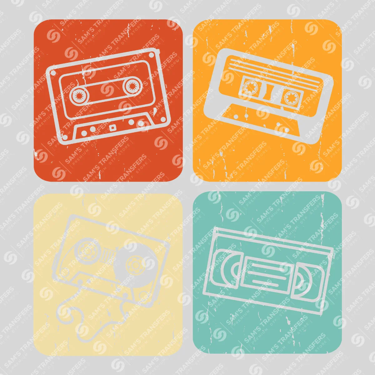 Apparel featuring a Vintage Cassette Grid-themed DTF transfer.