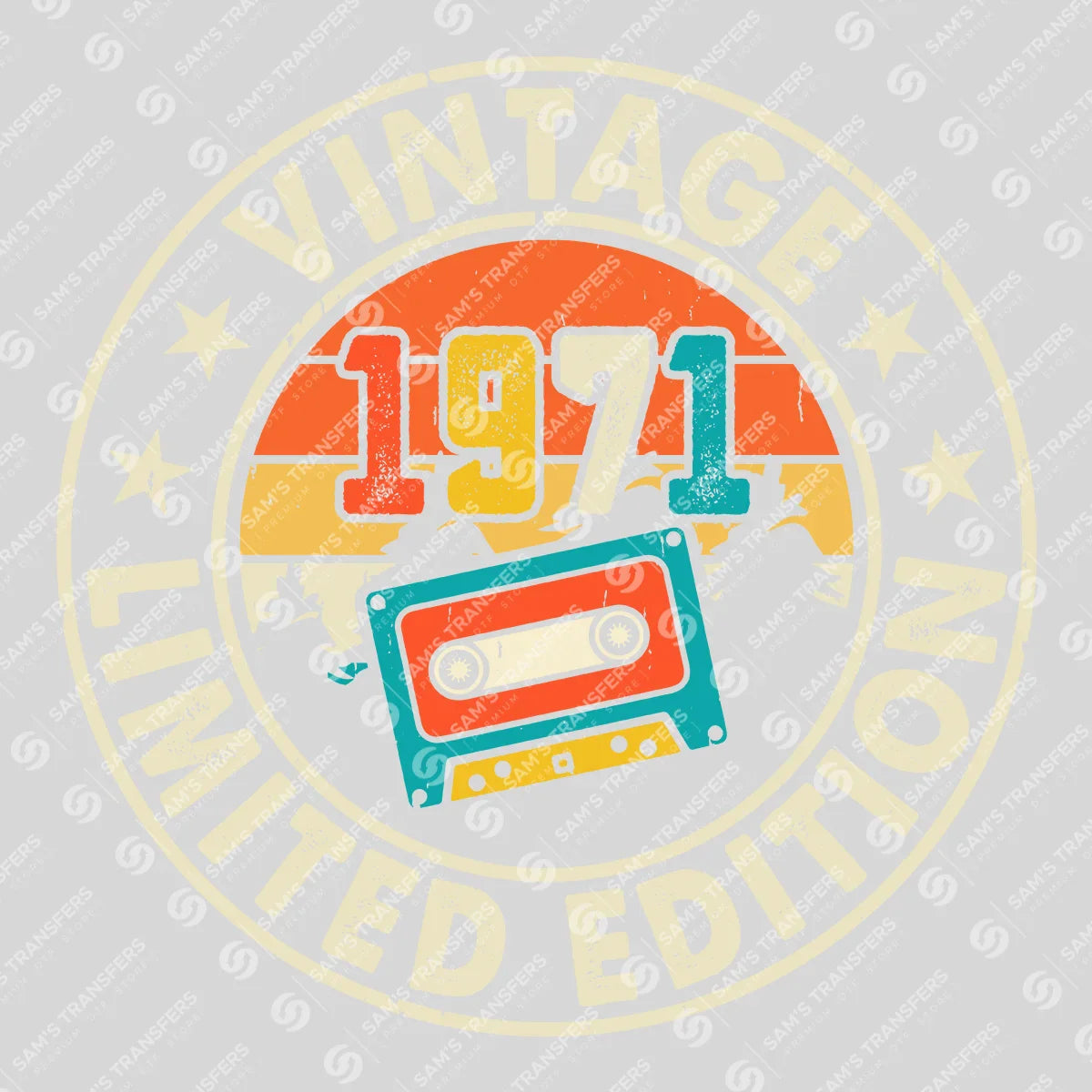 Apparel featuring a Vintage 1971 Badge-themed DTF transfer.