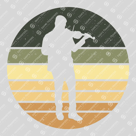 Apparel featuring a Violinist Retro Sunset-themed DTF transfer.