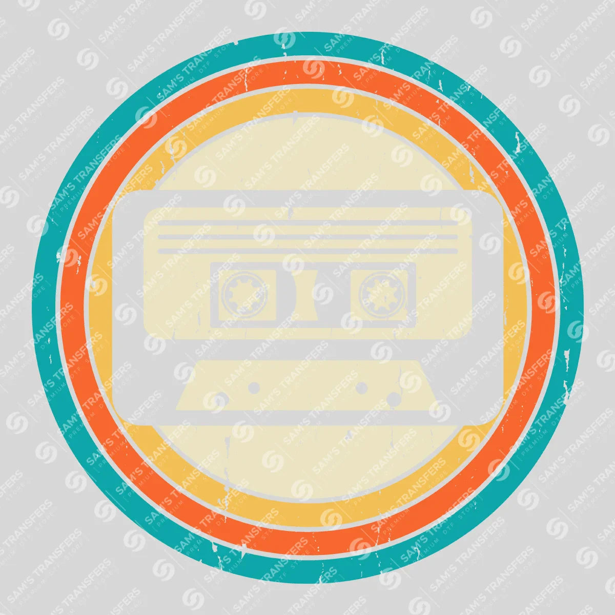Apparel featuring a Retro Cassette Badge-themed DTF transfer.