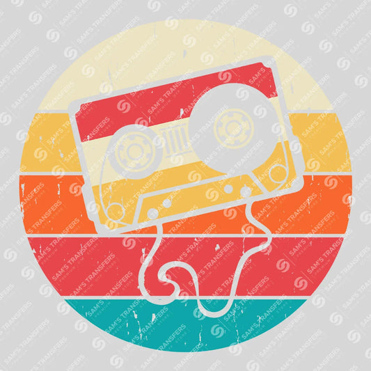 Apparel featuring a Retro Cassette Sunset Circle-themed DTF transfer.