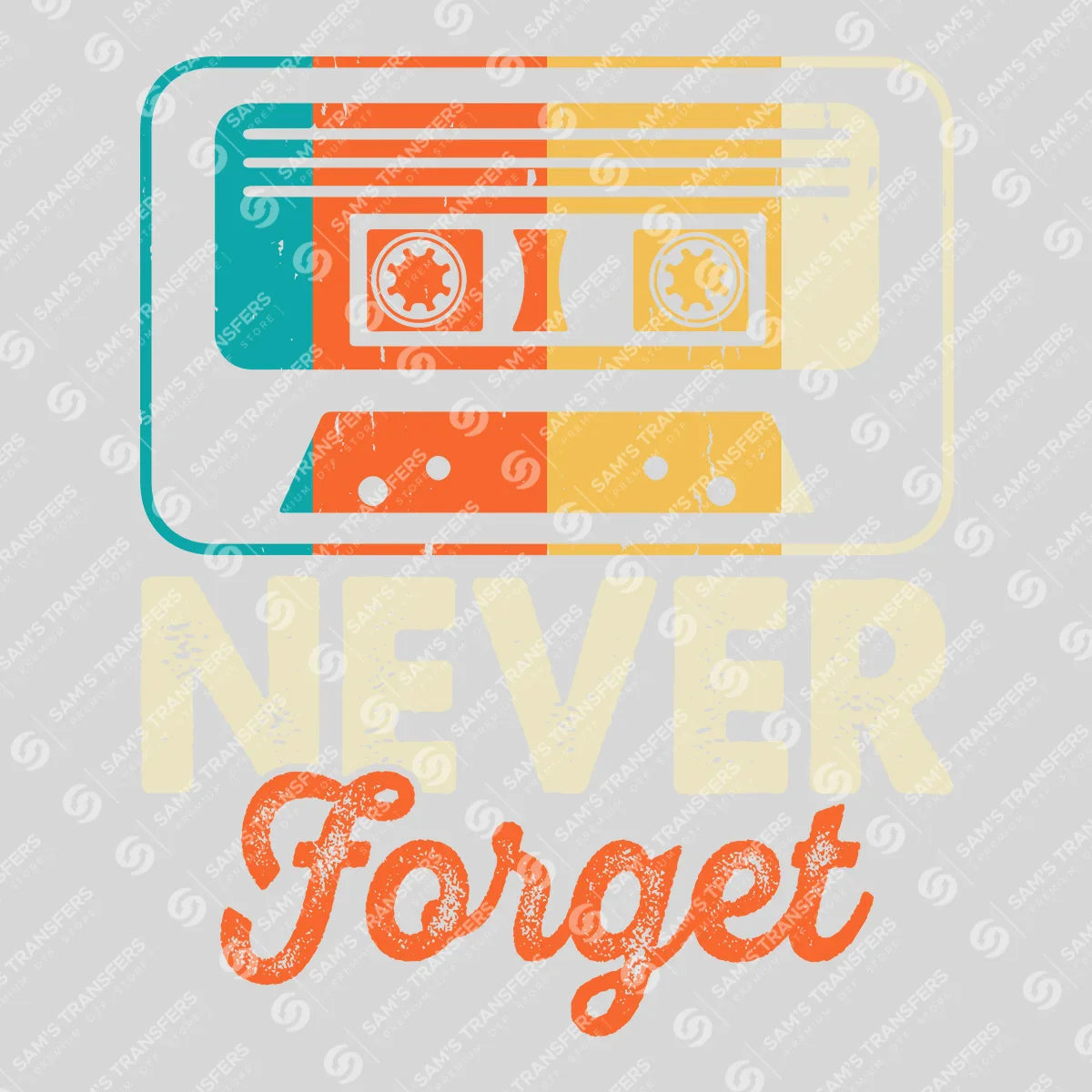Apparel featuring a Never Forget Cassette-themed DTF transfer.