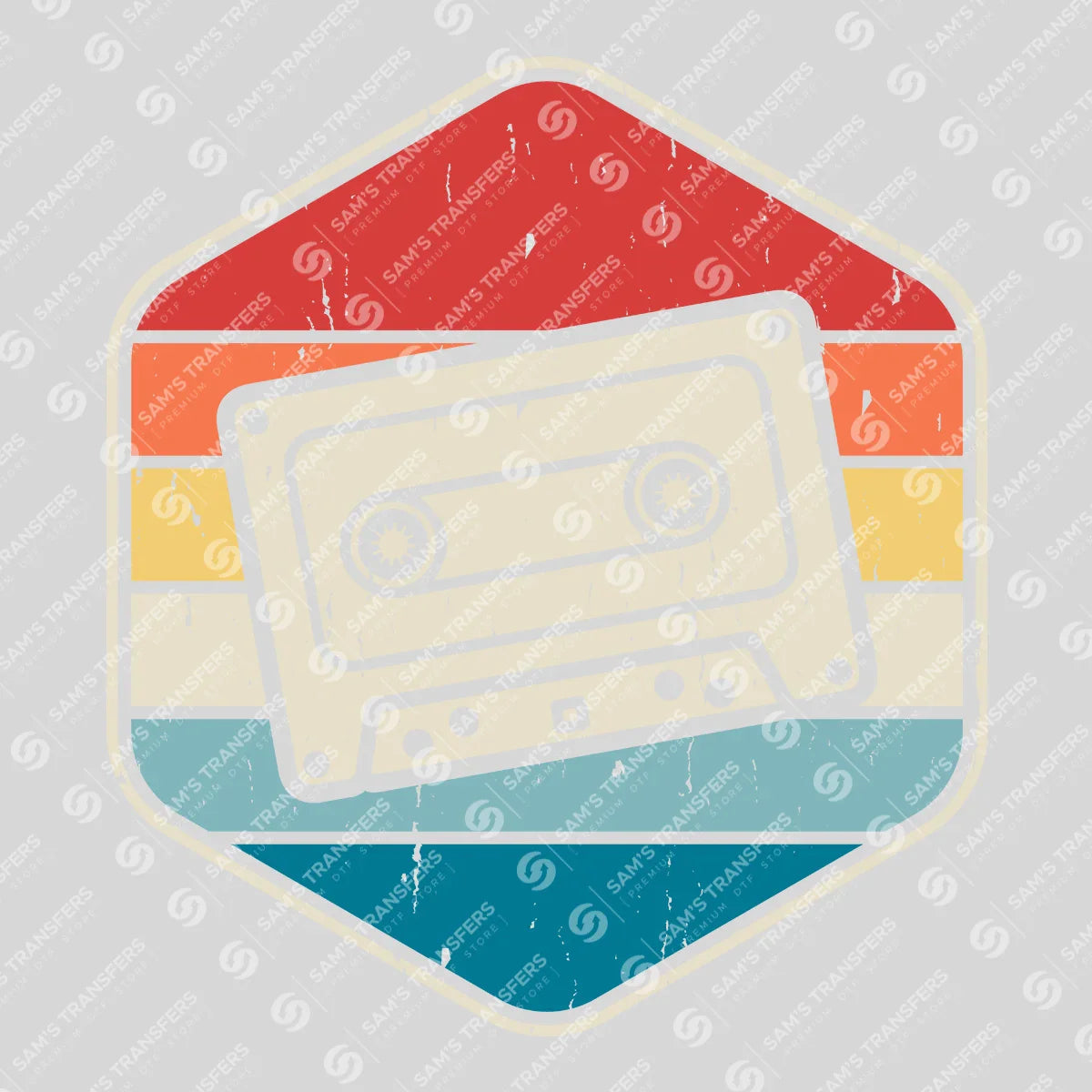 Apparel featuring a Retro Cassette Hexagon Badge-themed DTF transfer.