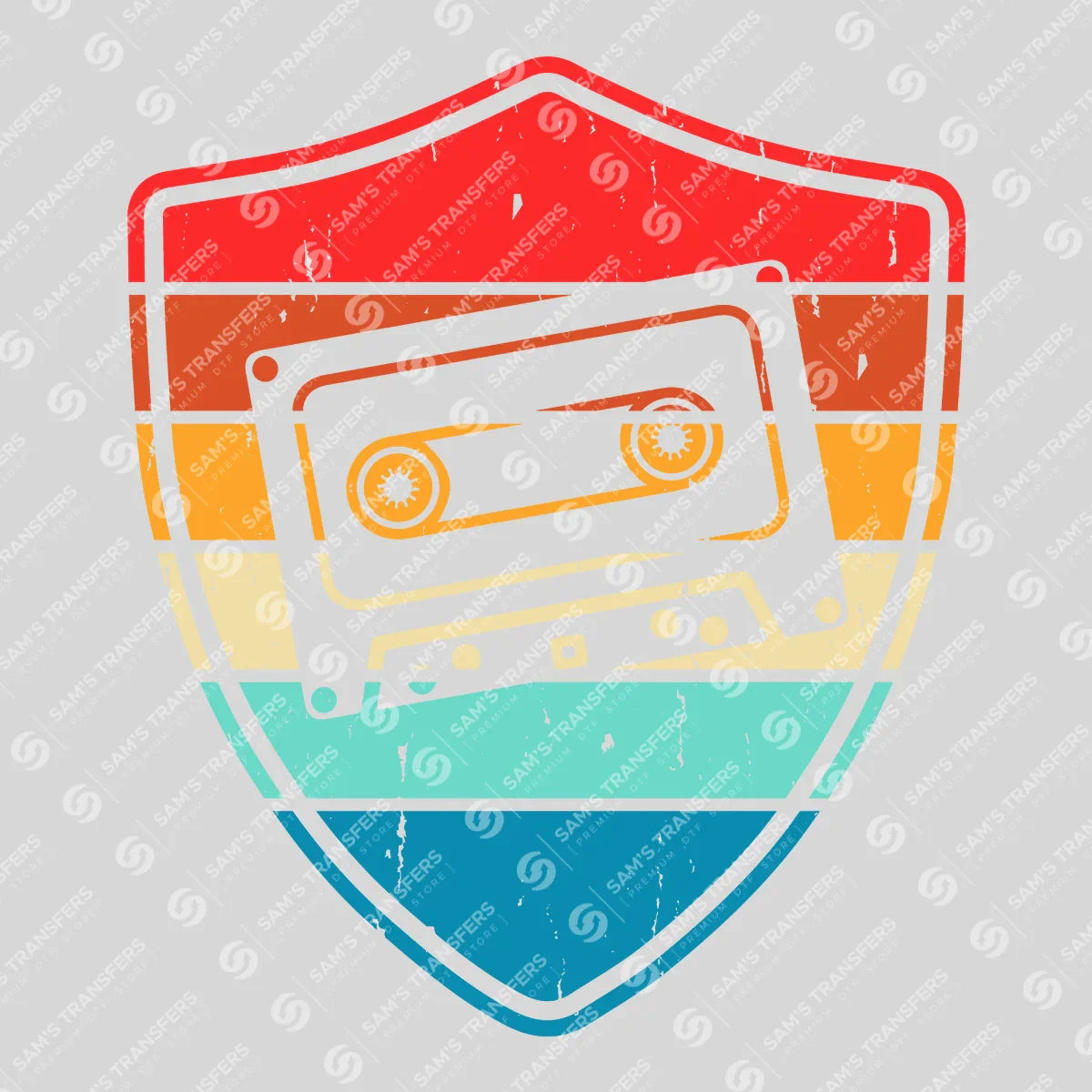 Apparel featuring a Retro Cassette Shield-themed DTF transfer.