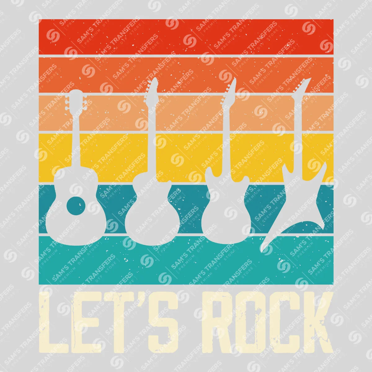 Apparel featuring a Lets Rock Guitars-themed DTF transfer.