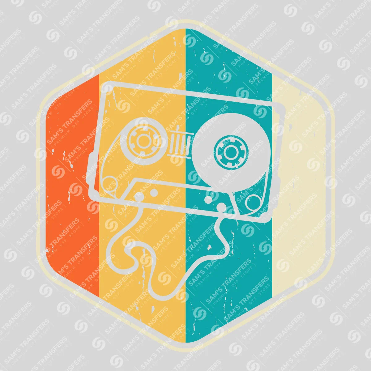 Apparel featuring a Retro Cassette Hexagon Sunset-themed DTF transfer.