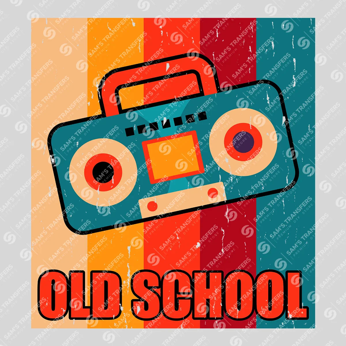 Apparel featuring a Old School Boombox Retro-themed DTF transfer.