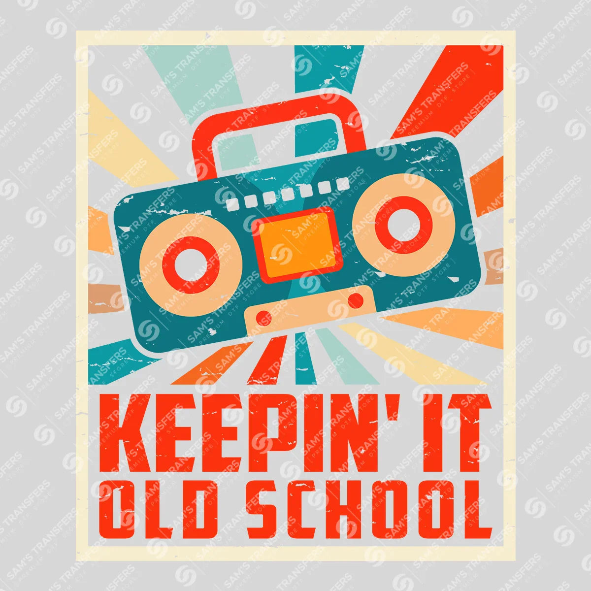 Apparel featuring a Keepin It Old School Boombox-themed DTF transfer.