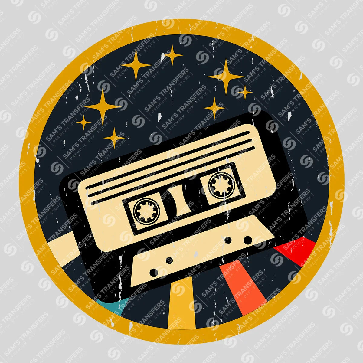 Apparel featuring a Cassette Circle Badge-themed DTF transfer.