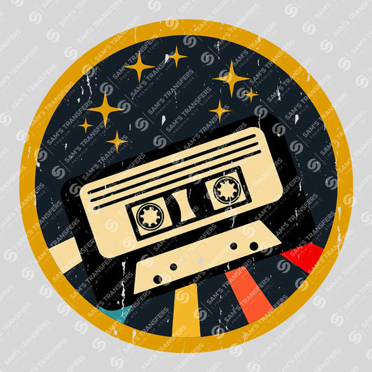 Apparel featuring a Cassette Circle Badge-themed DTF transfer.