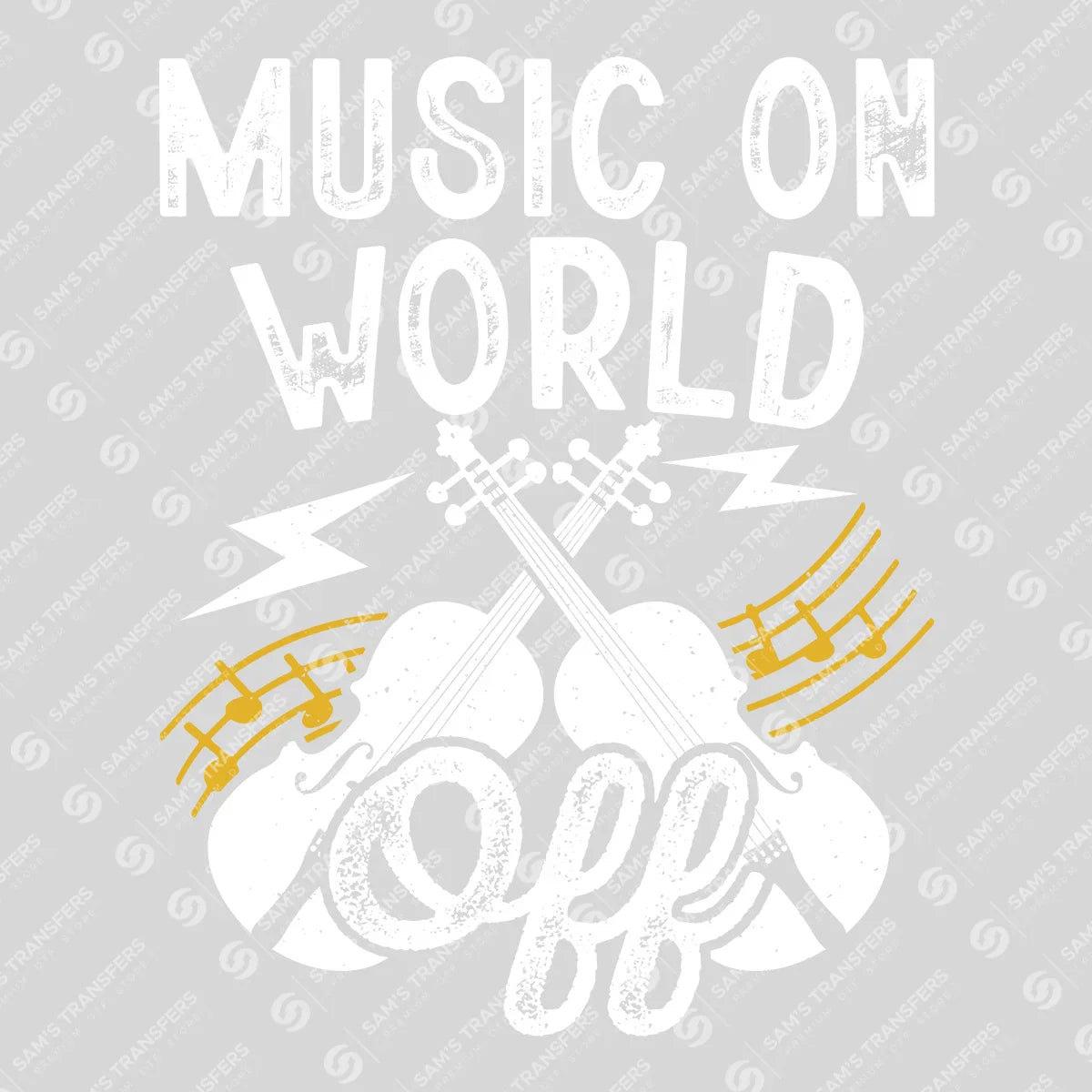 Apparel featuring a Music On World Off-themed DTF transfer.