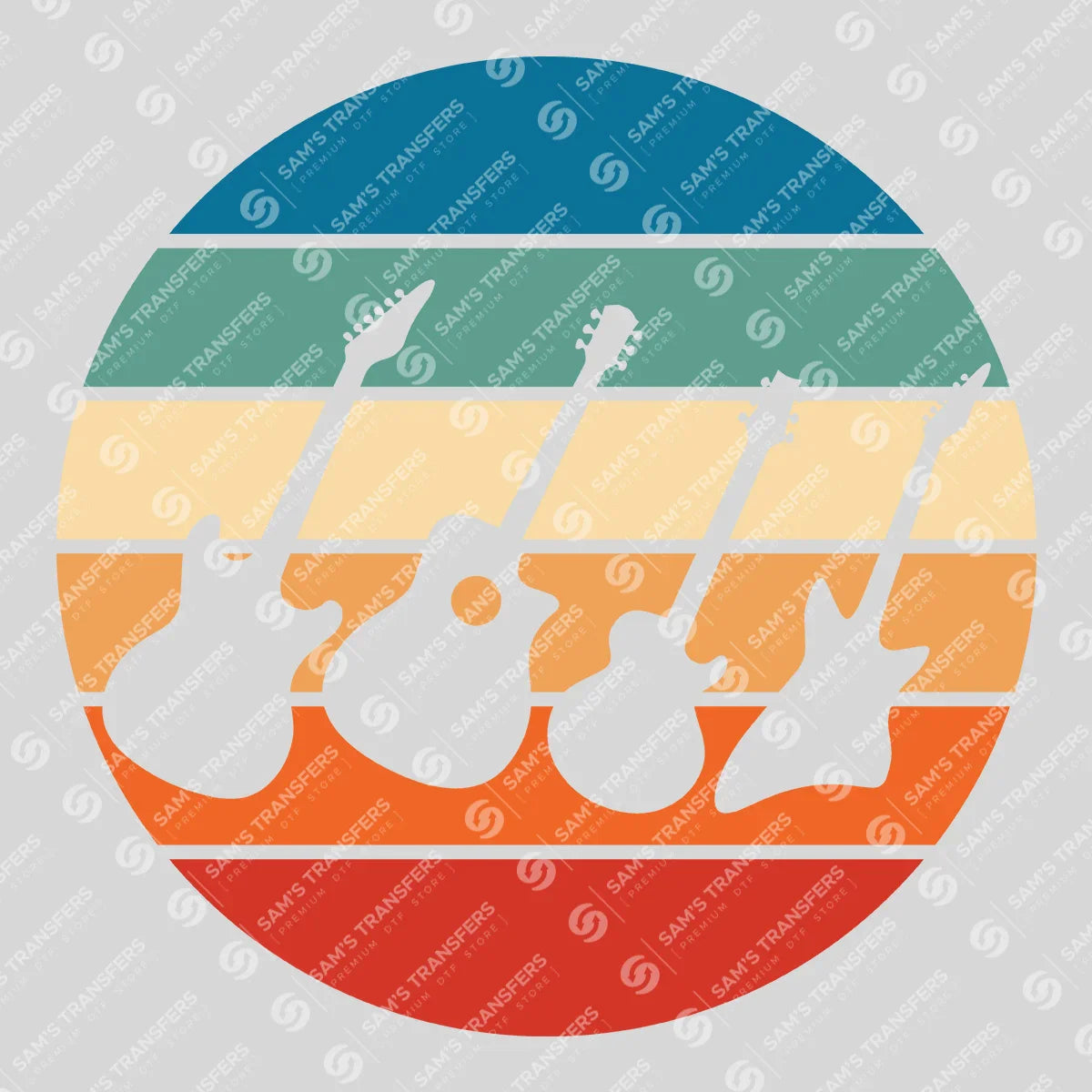 Apparel featuring a Retro Guitars Sunset Circle-themed DTF transfer.