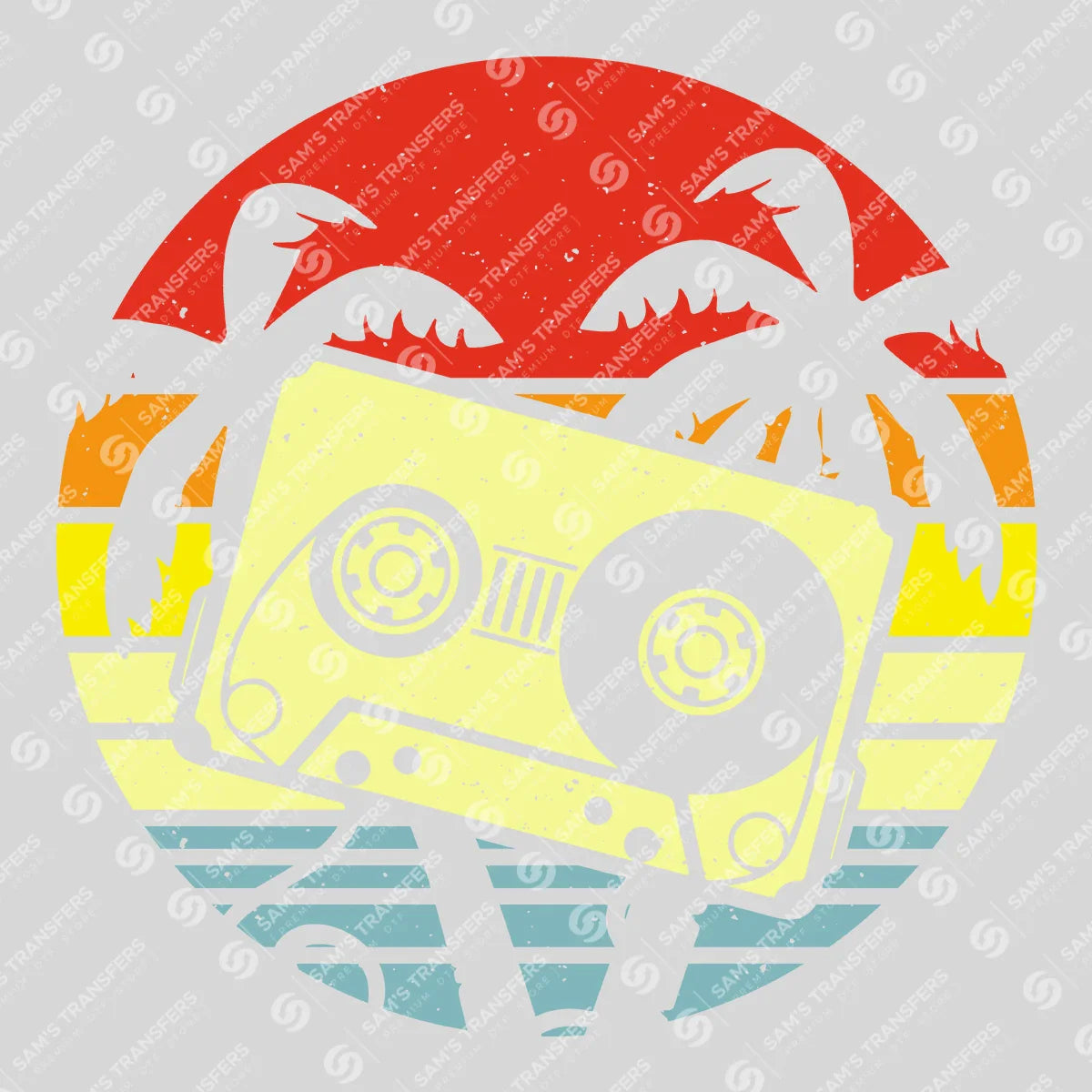 Apparel featuring a Cassette Palm Sunset-themed DTF transfer.
