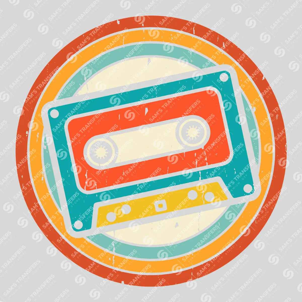 Apparel featuring a Cassette Retro Circle Badge-themed DTF transfer.