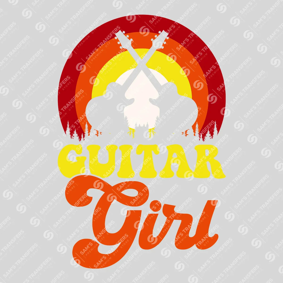 Apparel featuring a Guitar Girl-themed DTF transfer.