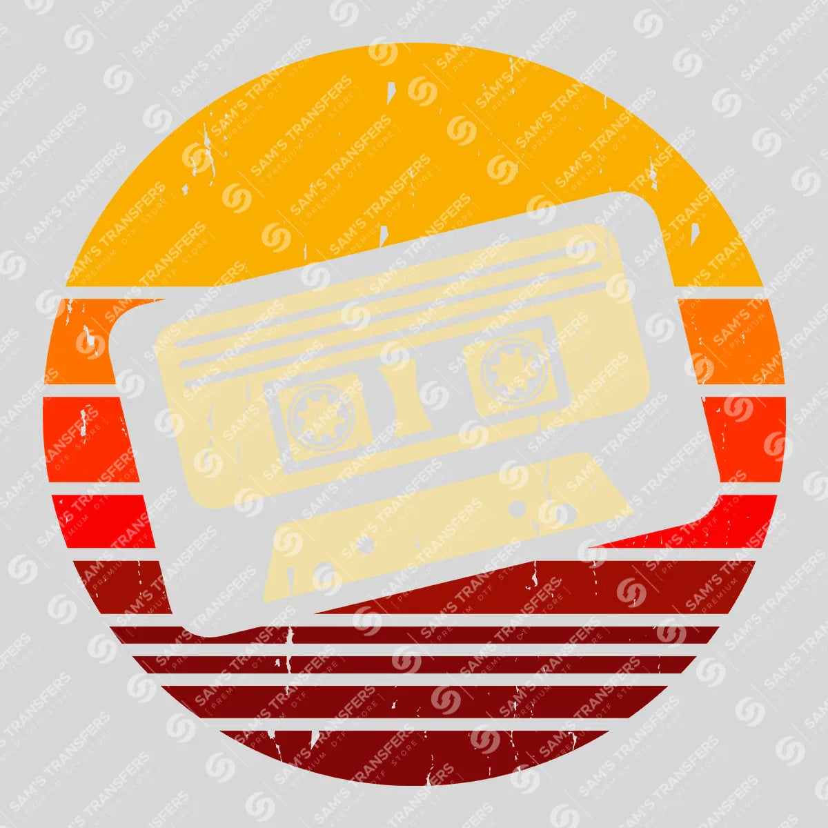 Apparel featuring a Retro Cassette Sunset-themed DTF transfer.