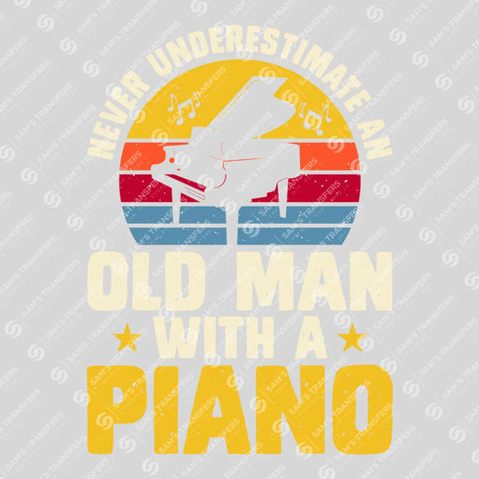 Apparel featuring a Old Man With A Piano Sunset-themed DTF transfer.
