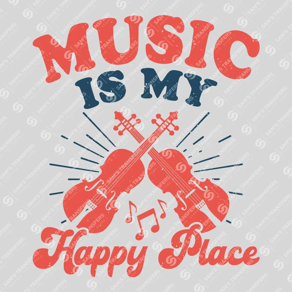 Apparel featuring a Music Is My Happy Place-themed DTF transfer.