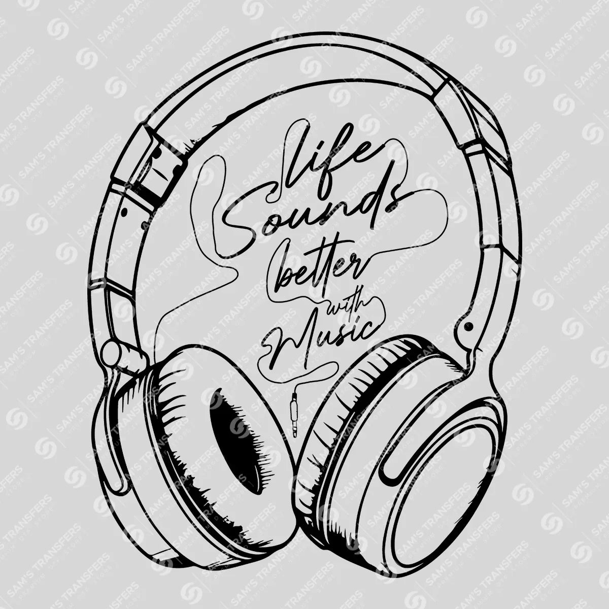 Apparel featuring a Life Sounds Better With Music Black-themed DTF transfer.