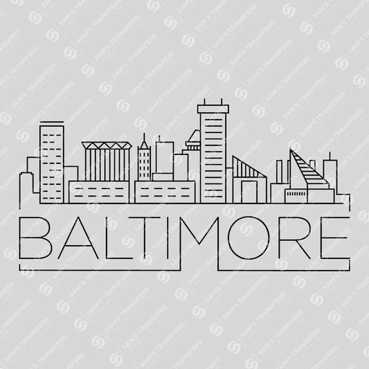 Apparel featuring a Baltimore Skyline-themed DTF transfer.