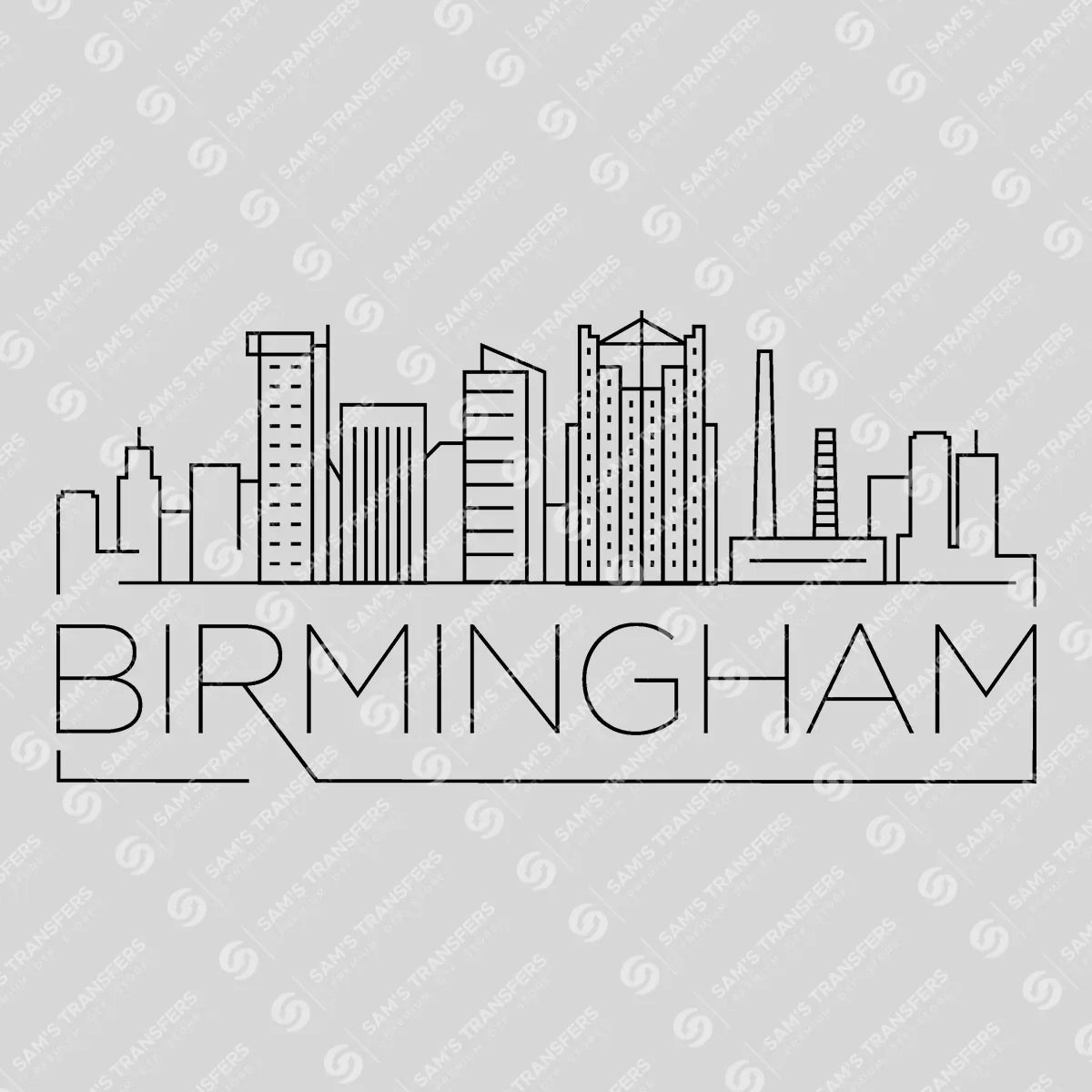 Apparel featuring a Birmingham Skyline-themed DTF transfer.