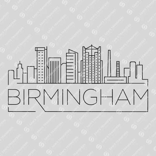 Apparel featuring a Birmingham Skyline-themed DTF transfer.