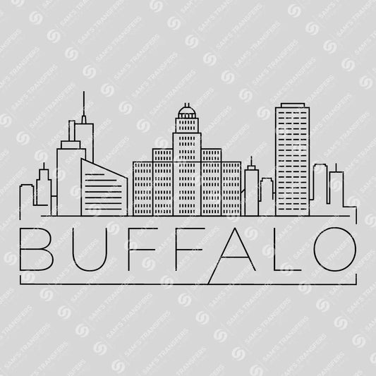 Apparel featuring a Buffalo Skyline-themed DTF transfer.