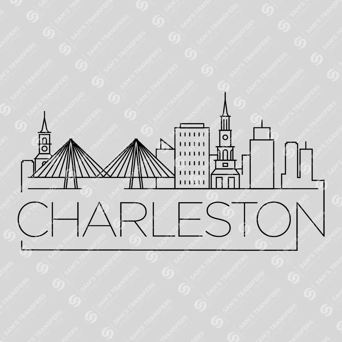 Apparel featuring a Charleston Skyline-themed DTF transfer.
