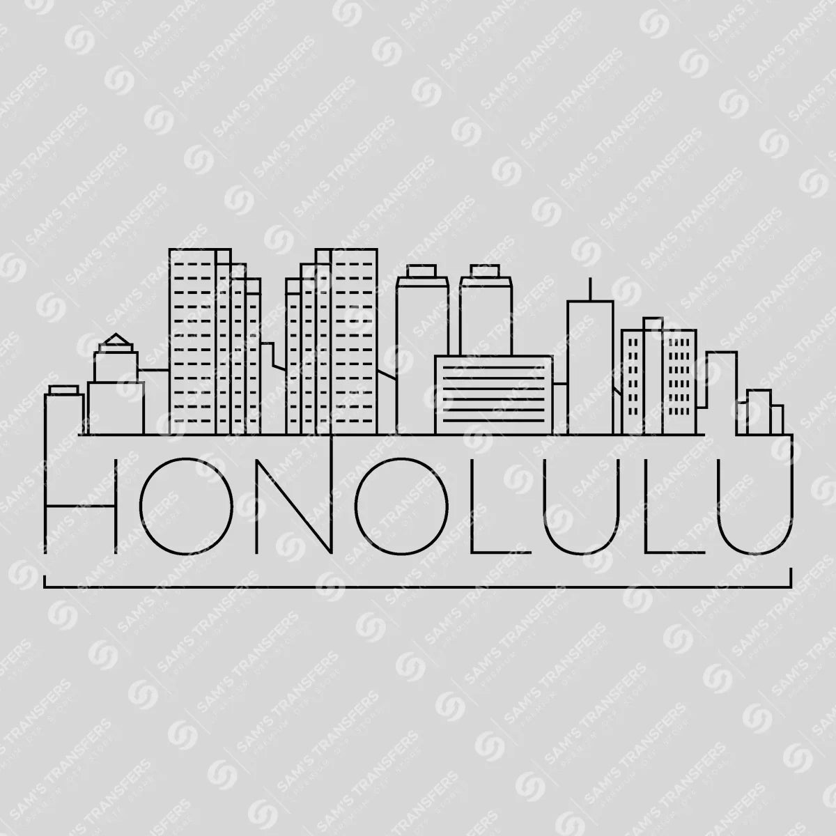 Apparel featuring a Honolulu Skyline-themed DTF transfer.