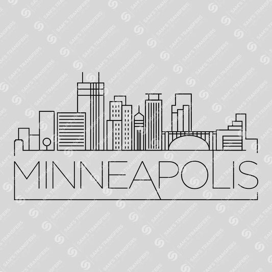 Apparel featuring a Minneapolis Skyline-themed DTF transfer.