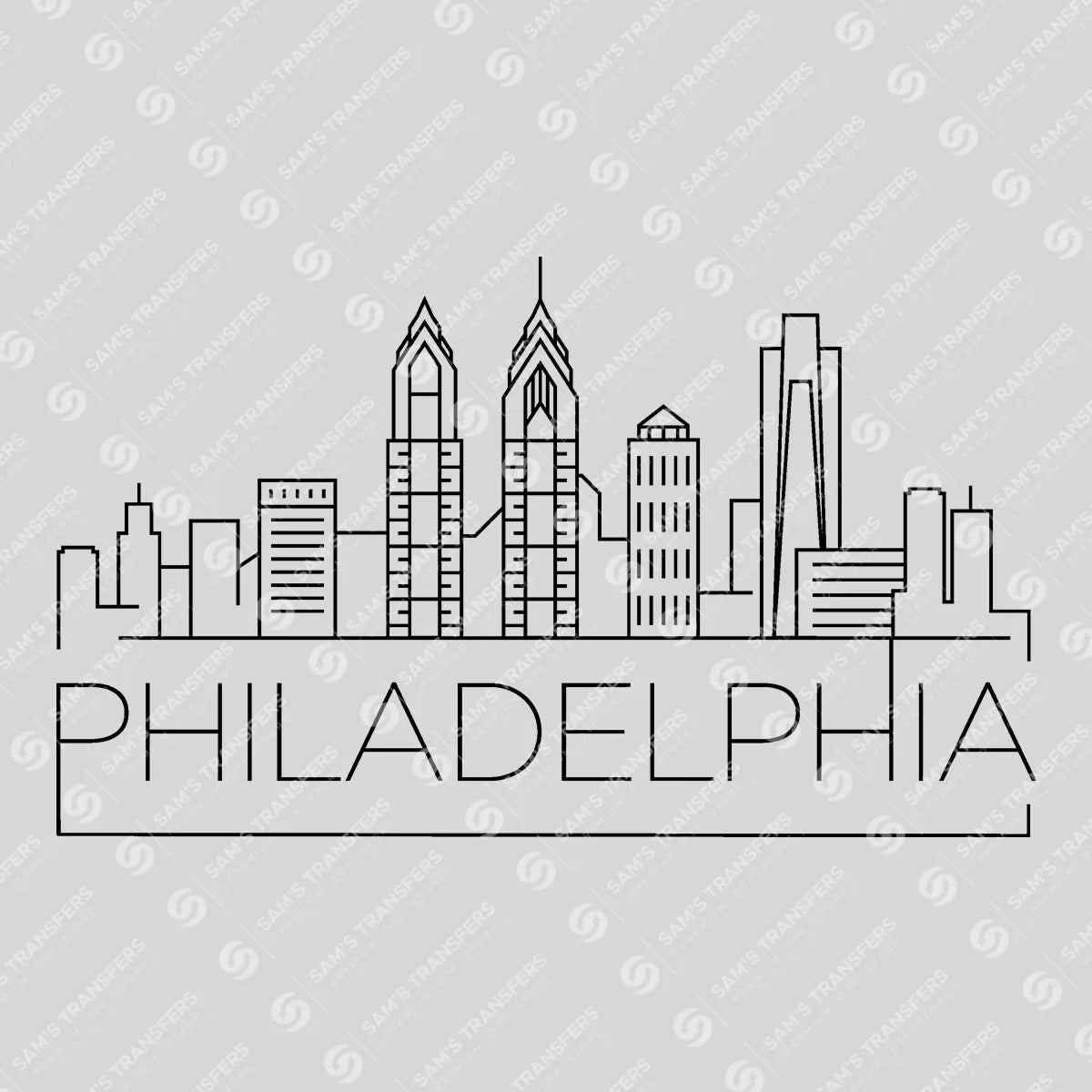 Apparel featuring a Philadelphia Skyline-themed DTF transfer.