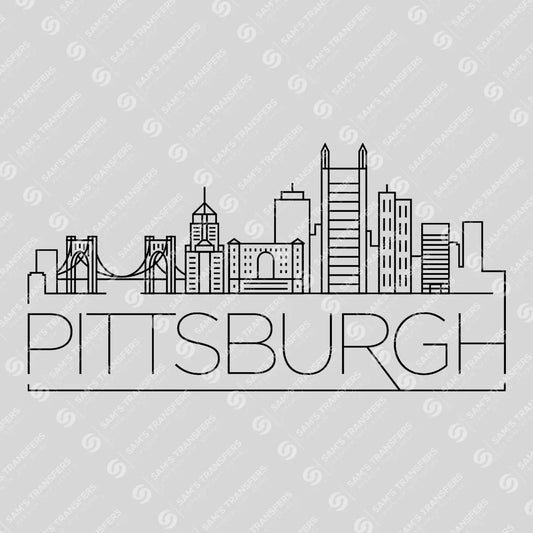Apparel featuring a Pittsburgh Skyline-themed DTF transfer.