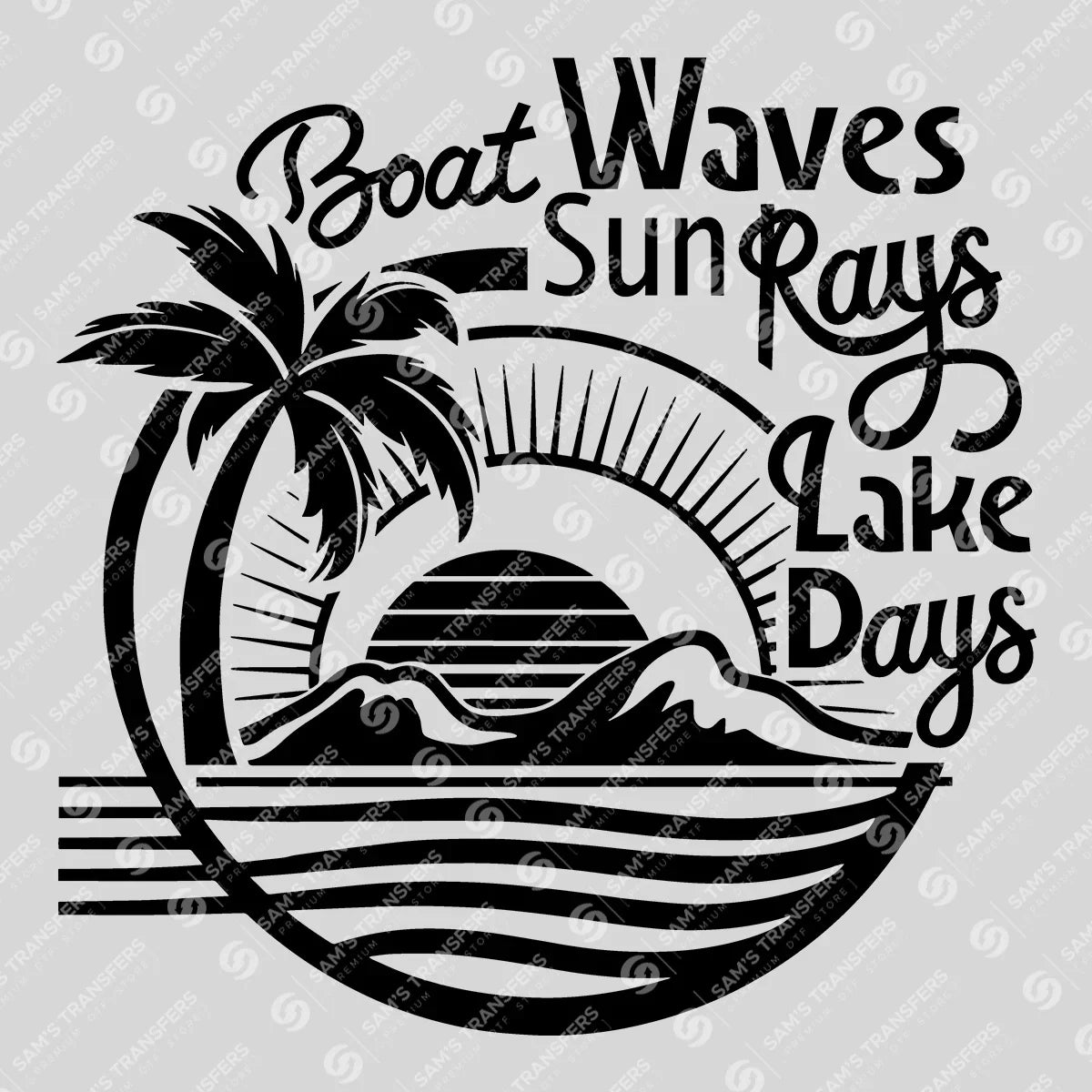 Apparel featuring a Boat Waves Sun Rays Lake Days-themed DTF transfer.