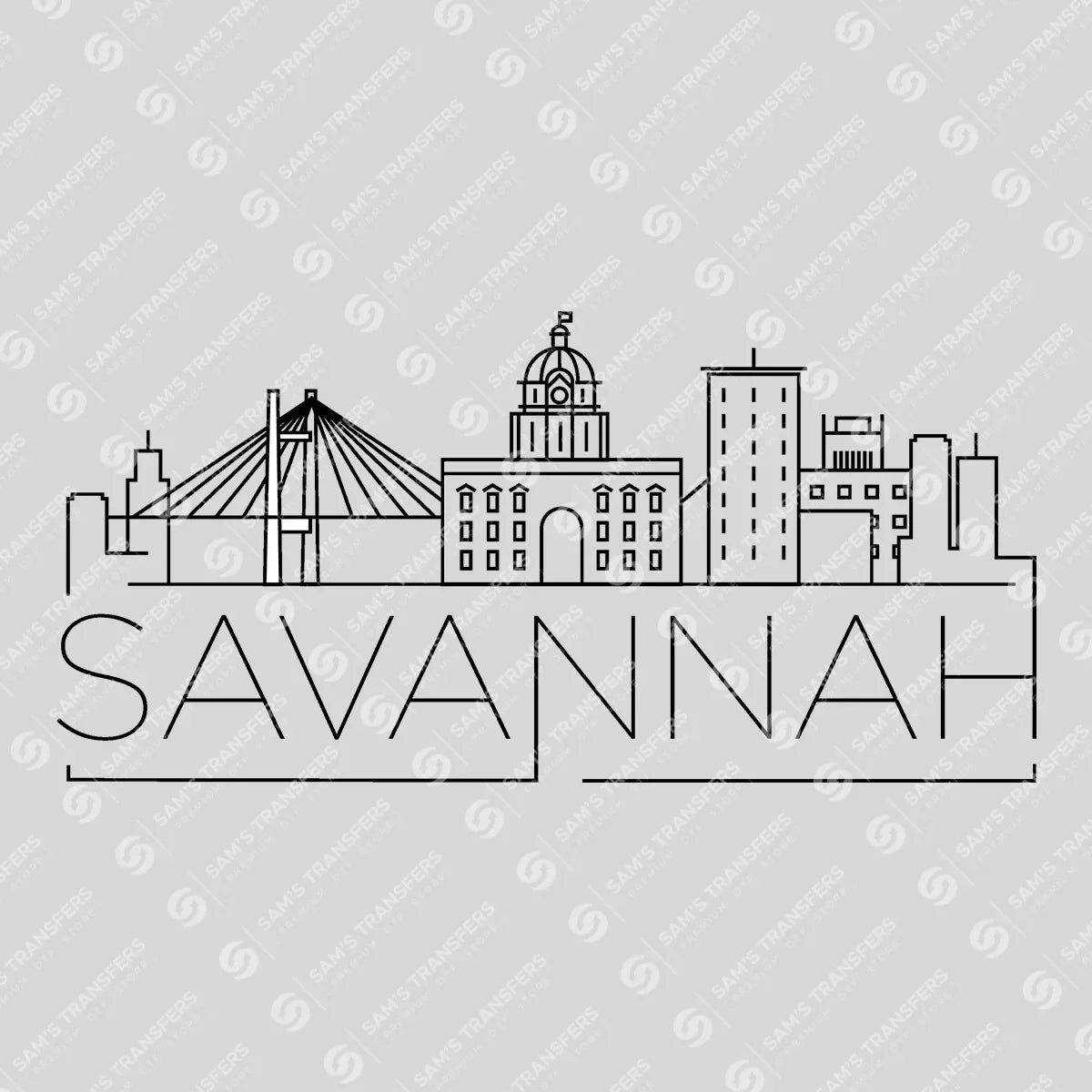 Apparel featuring a Savannah Skyline-themed DTF transfer.