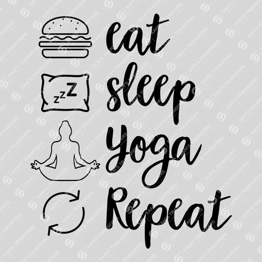 Apparel featuring a Eat Sleep Yoga Repeat Icons-themed DTF transfer.