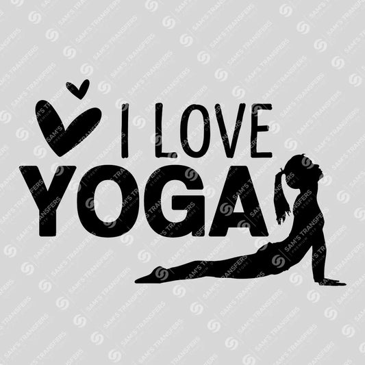 Apparel featuring a I Love Yoga-themed DTF transfer.