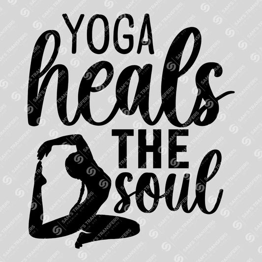 Apparel featuring a Yoga Heals The Soul-themed DTF transfer.