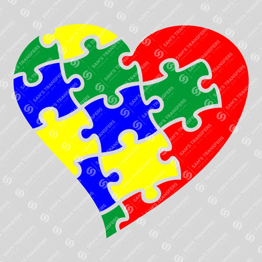 Apparel featuring a Autism Puzzle Heart Colors-themed DTF transfer.