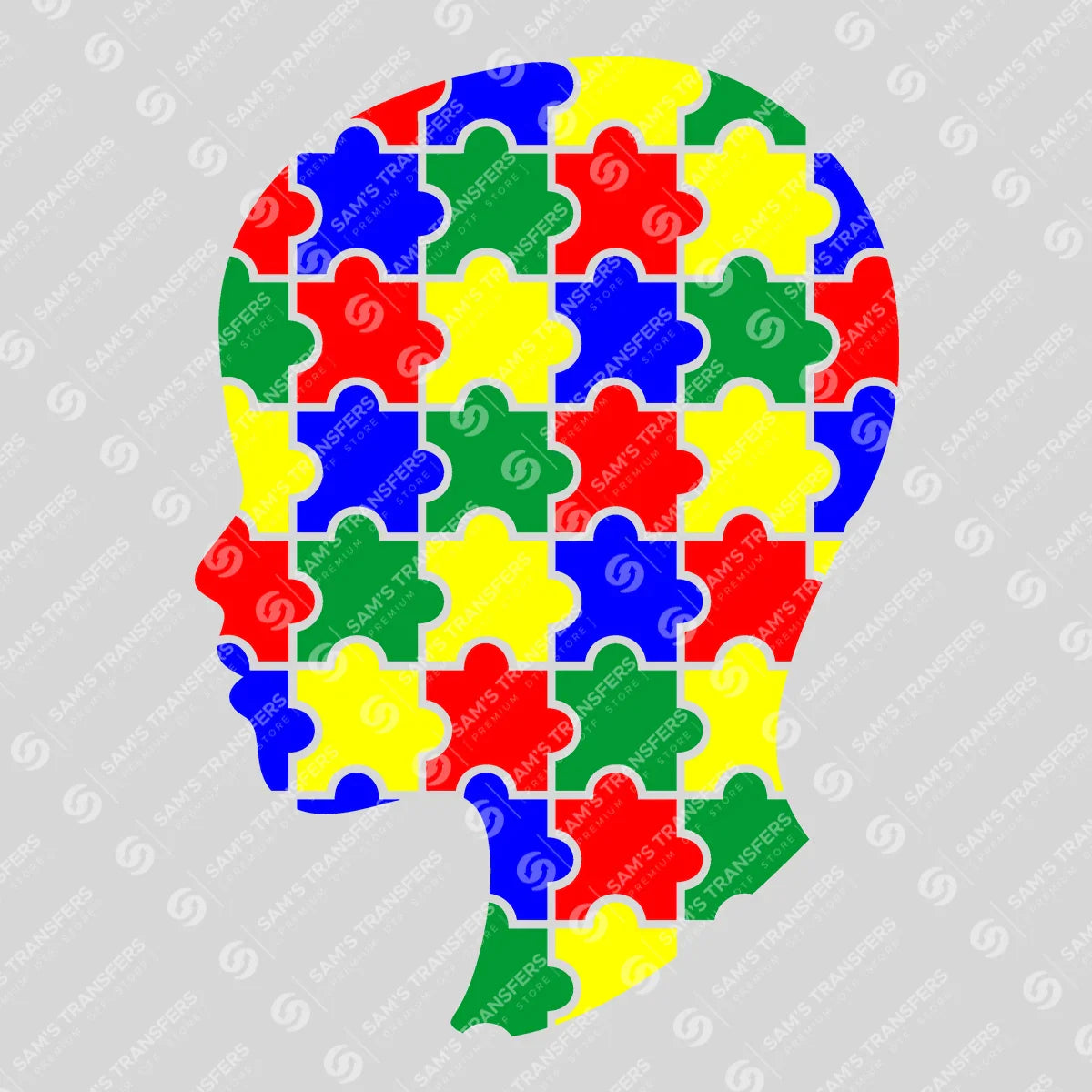 Apparel featuring a Autism Puzzle Head-themed DTF transfer.