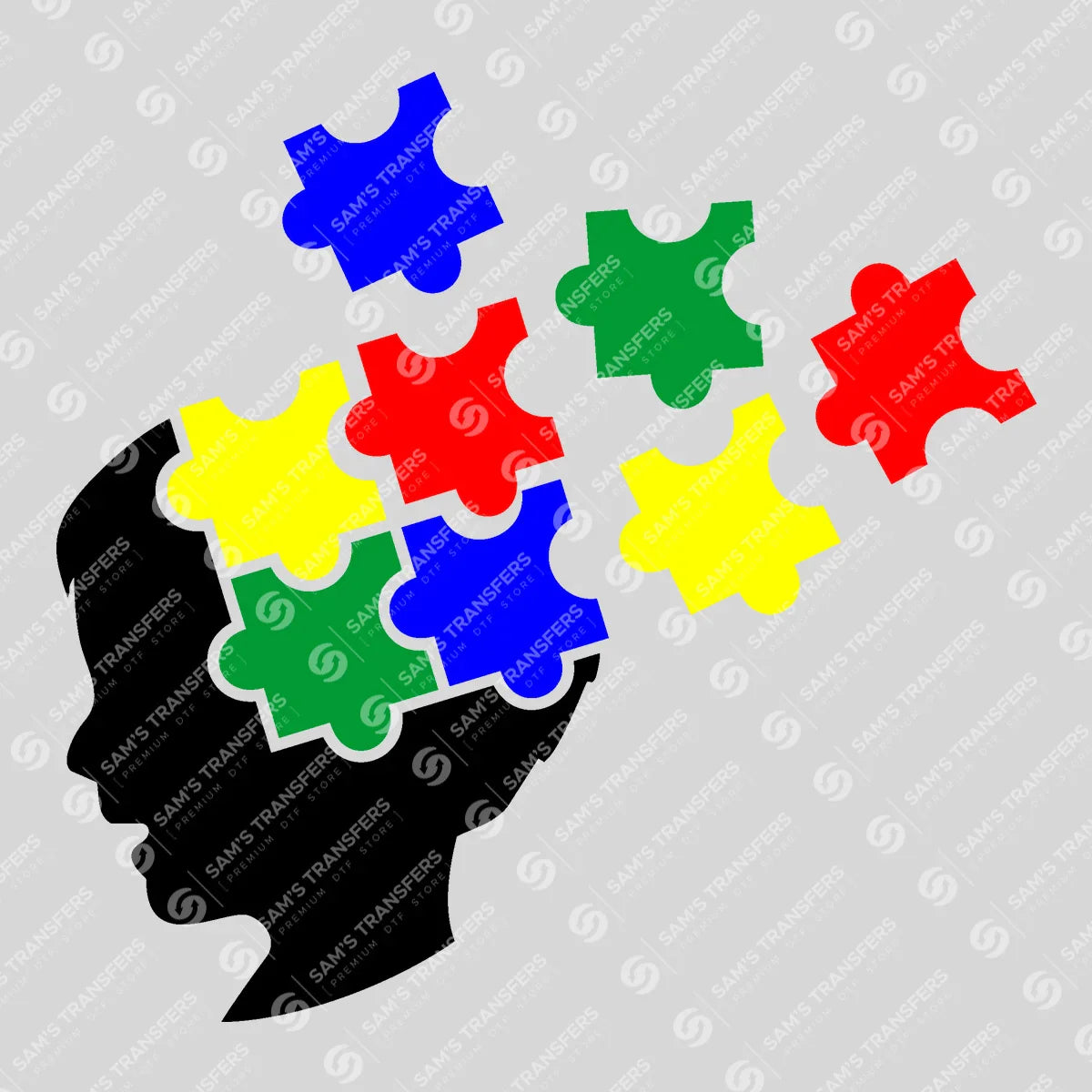 Apparel featuring a Autism Mind Puzzle Pieces-themed DTF transfer.