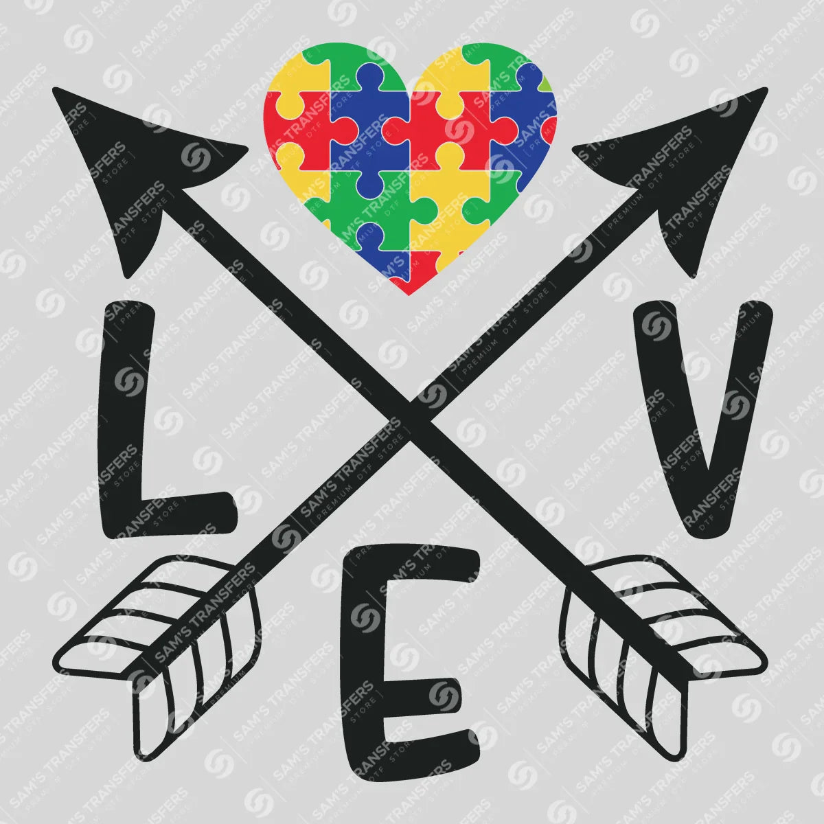 Apparel featuring a Autism Love Arrows-themed DTF transfer.