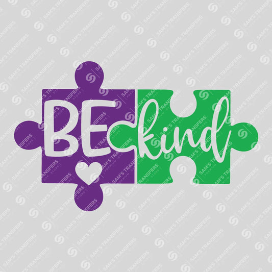 Apparel featuring a Be Kind Puzzle-themed DTF transfer.