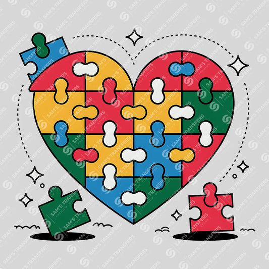 Apparel featuring a Autism Puzzle Heart Pieces-themed DTF transfer.