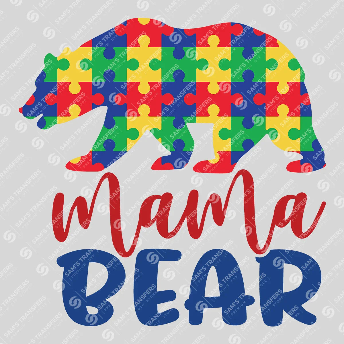 Apparel featuring a Autism Mama Bear Puzzle-themed DTF transfer.