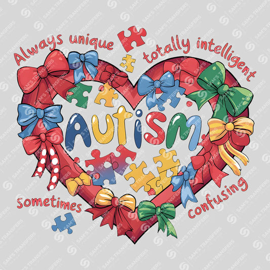 Apparel featuring a Autism Bow Heart-themed DTF transfer.
