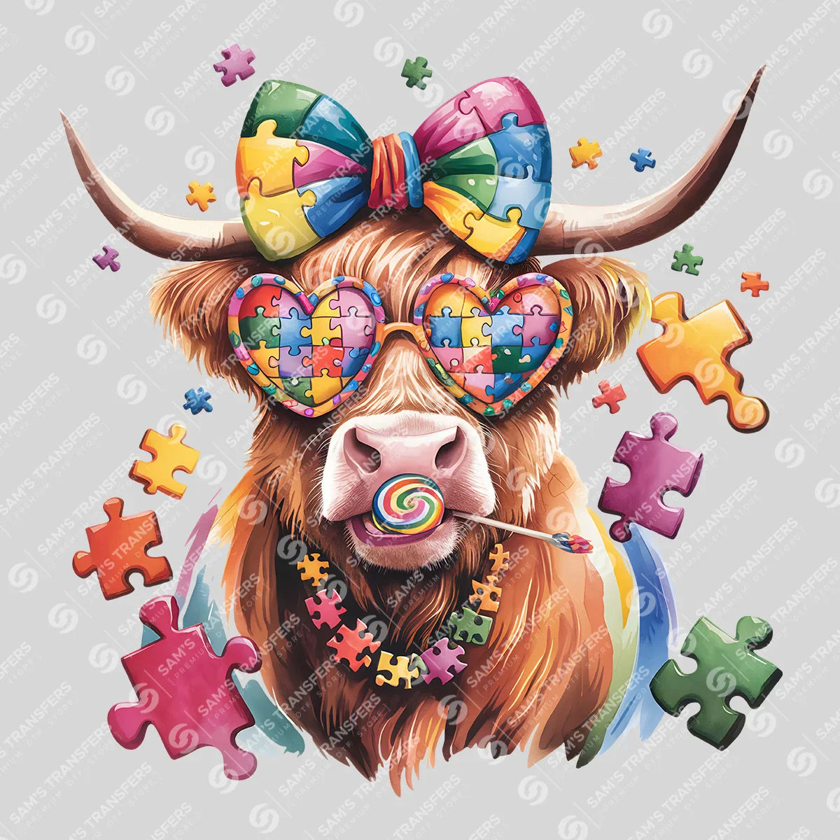 Apparel featuring a Autism Highland Cow-themed DTF transfer.