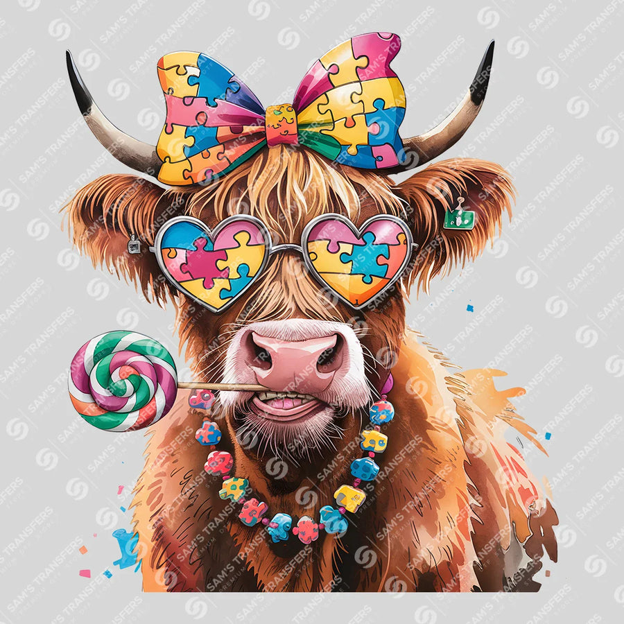 Autism Highland Cow Heart Ready-to-Press DTF Transfer | SAT10310