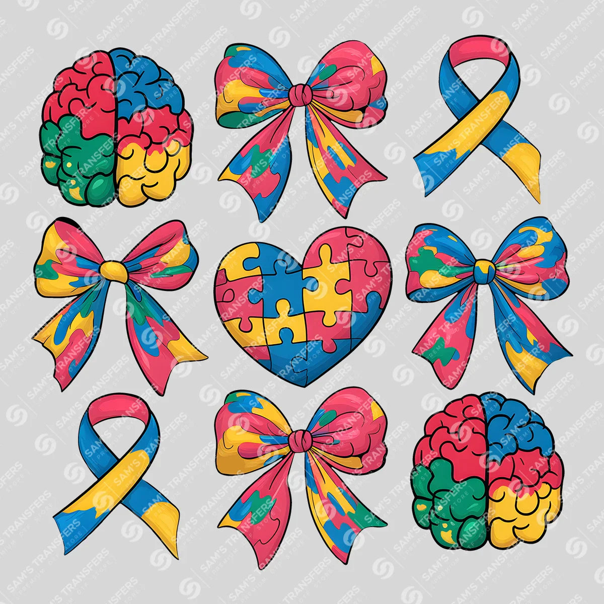 Apparel featuring a Autism Bows Ribbons Collage-themed DTF transfer.