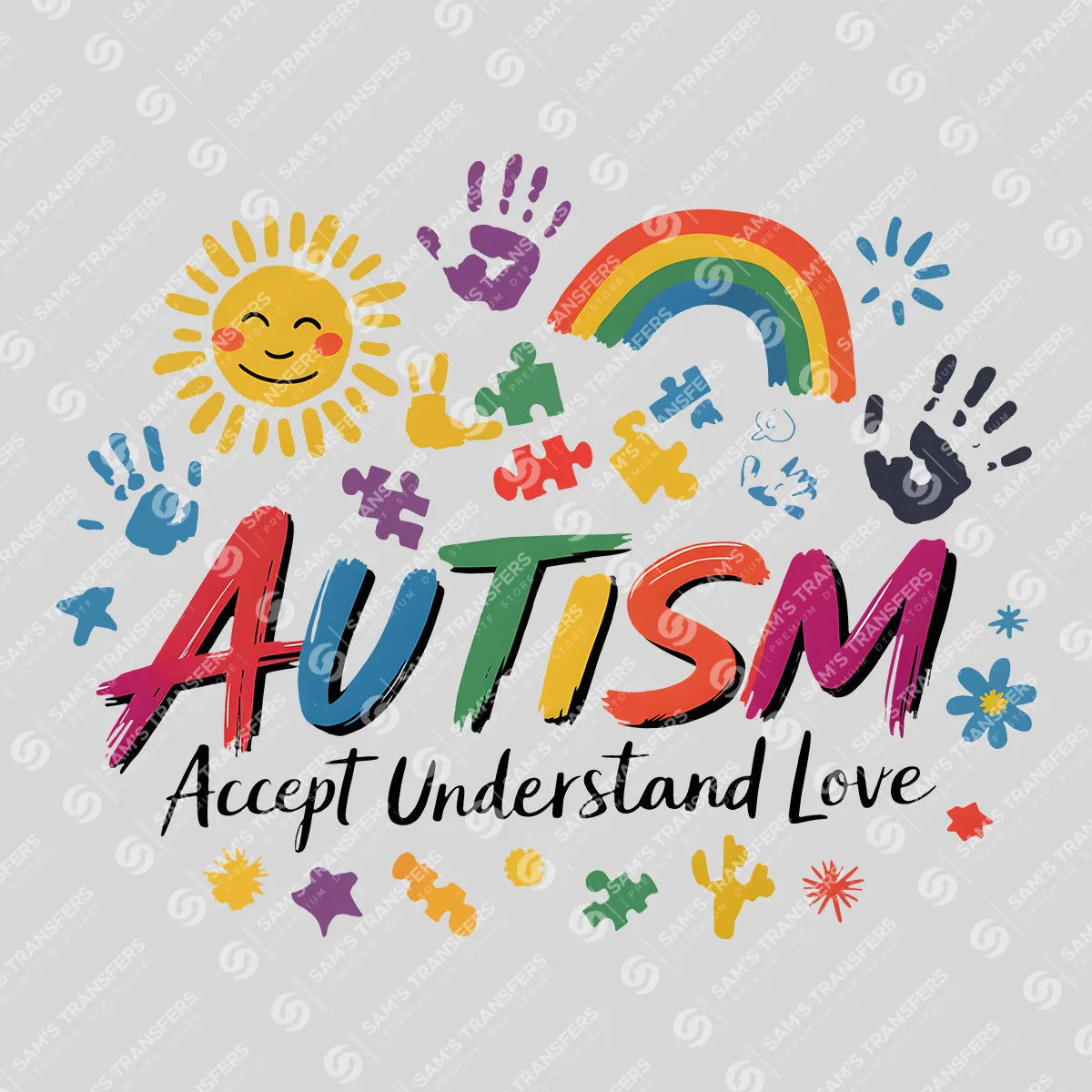 Apparel featuring a Autism Accept Understand Love Rainbow-themed DTF transfer.