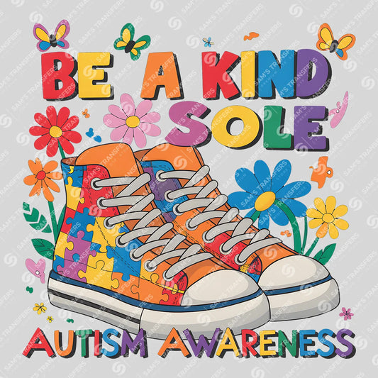Apparel featuring a Be A Kind Sole-themed DTF transfer.